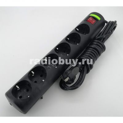 Сетевой фильтр GR16-1379T (выключатель,6 евророзеток), 220V, 10A, 3м, чёрный
