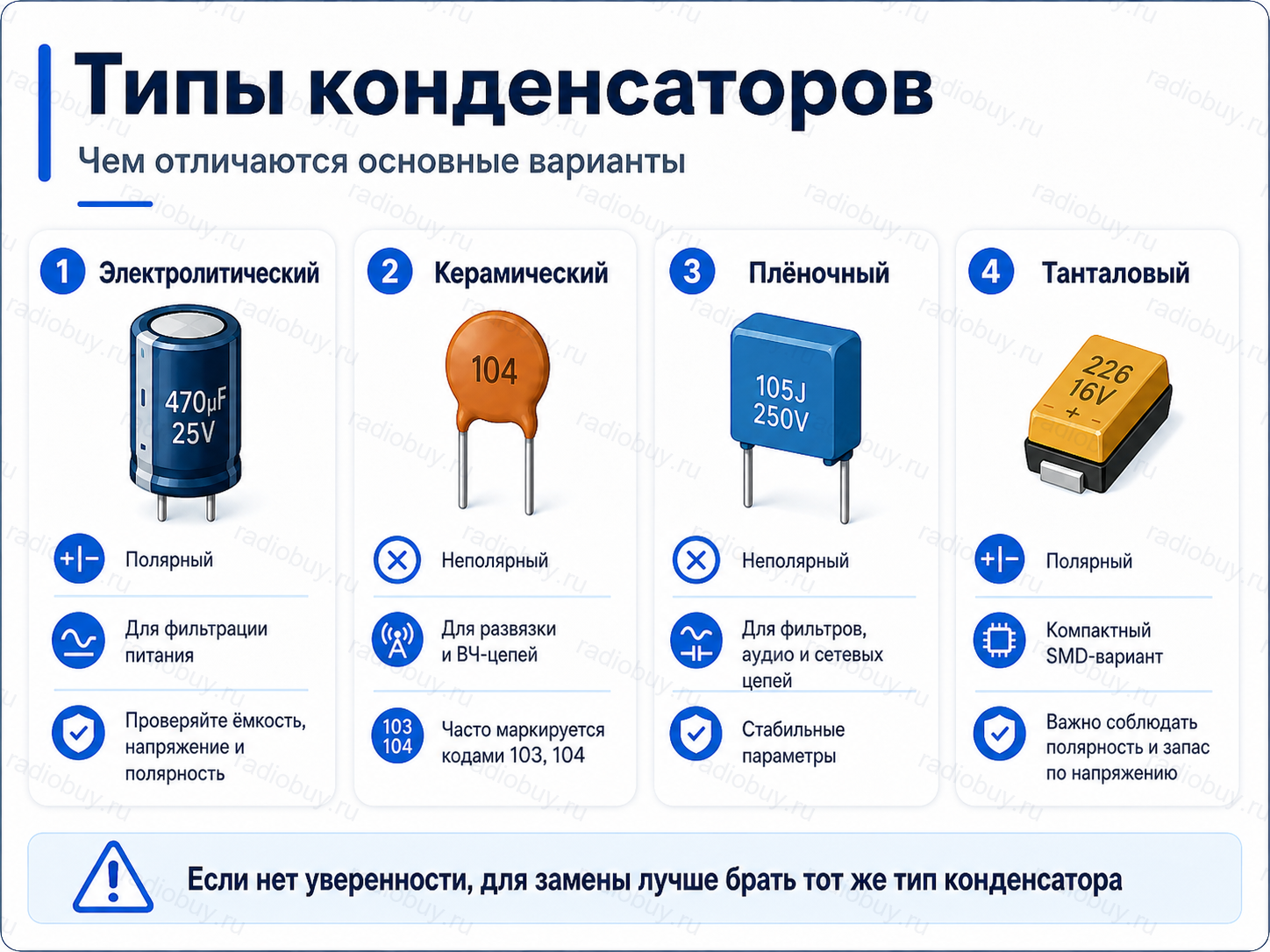 Типы конденсаторов: электролитический, керамический, плёночный и танталовый