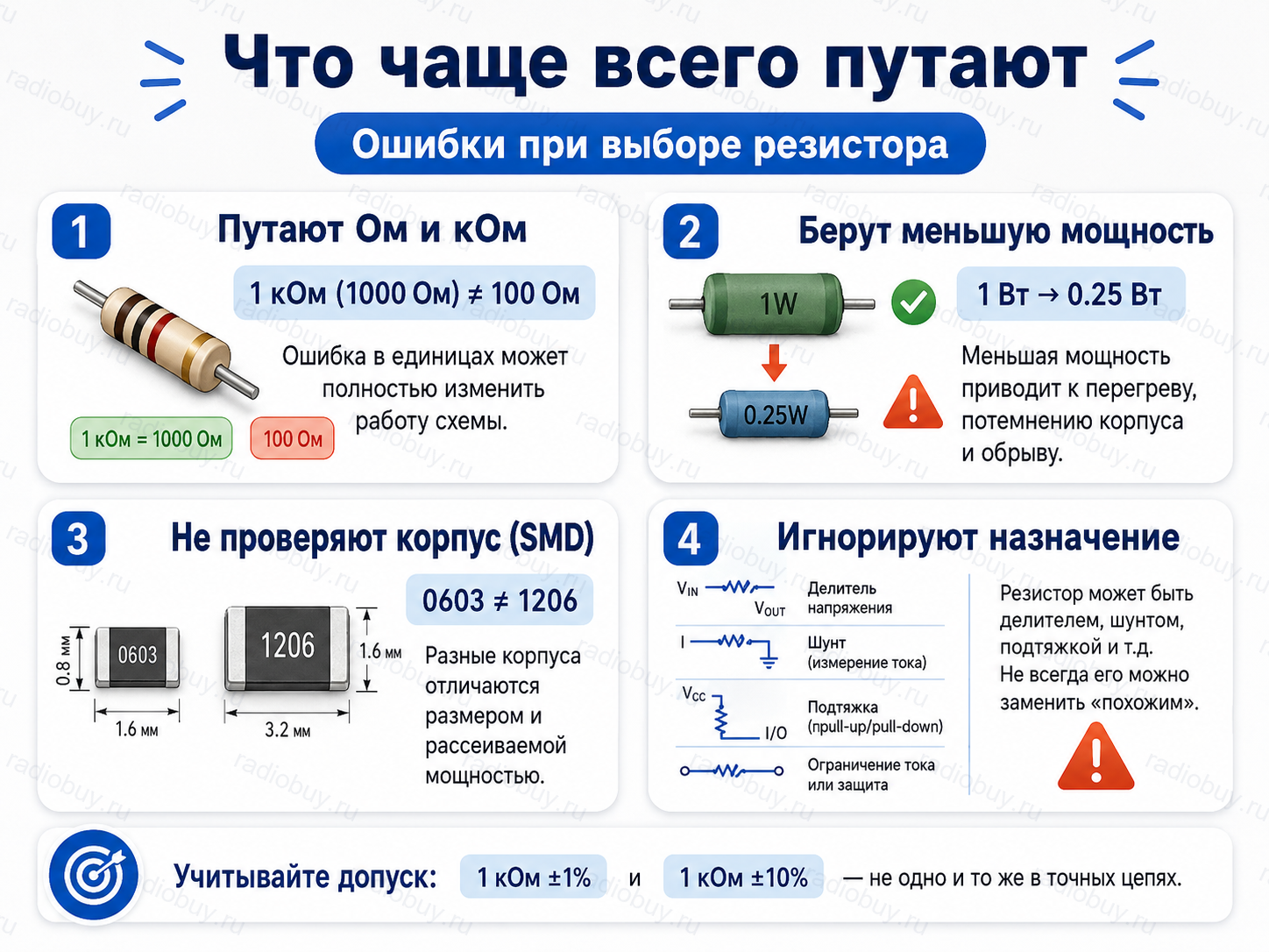 Частые ошибки при выборе резистора: Ом и кОм, мощность, корпус SMD и назначение
