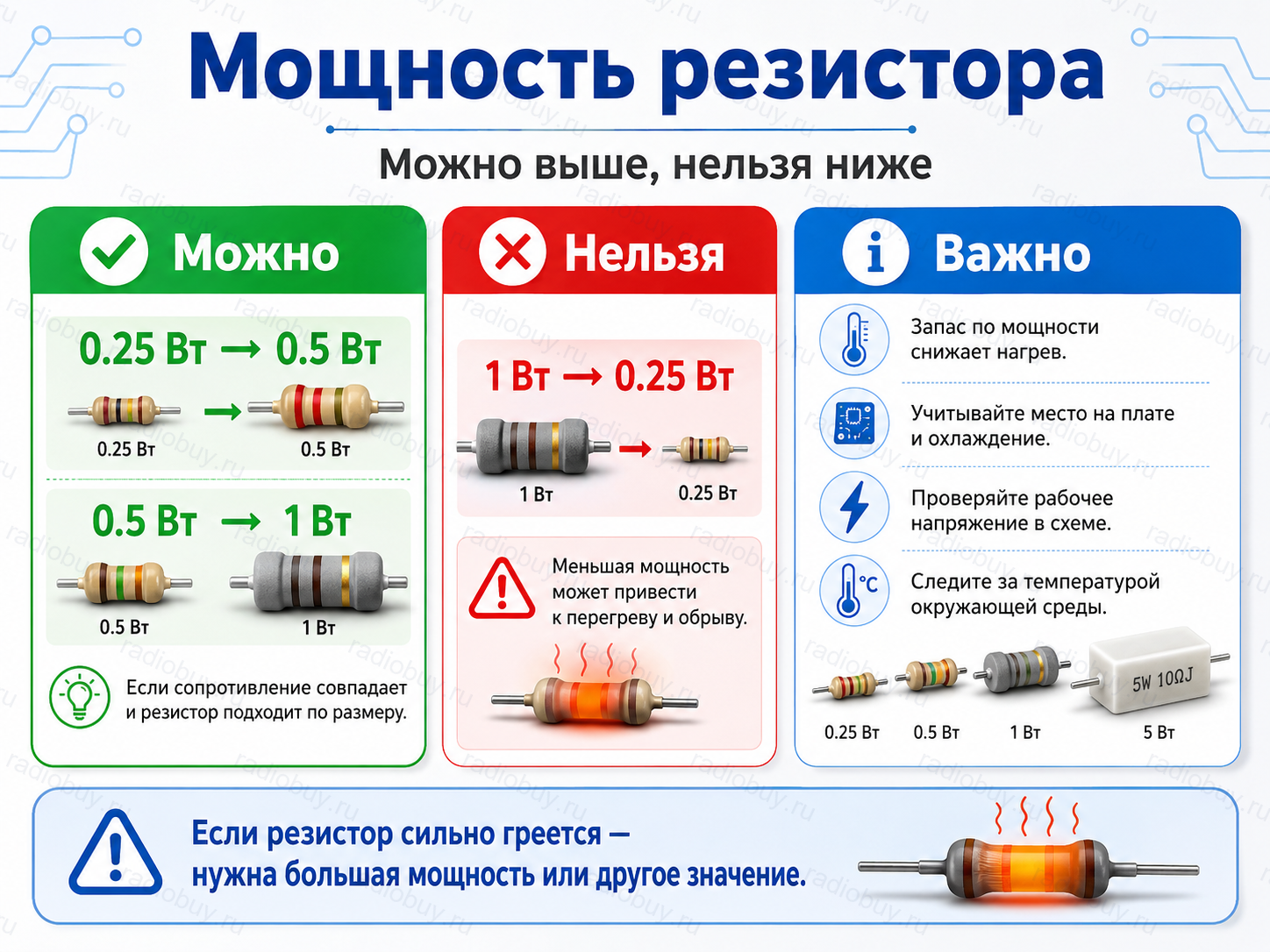Мощность резистора: можно ставить больше, нельзя ставить меньше