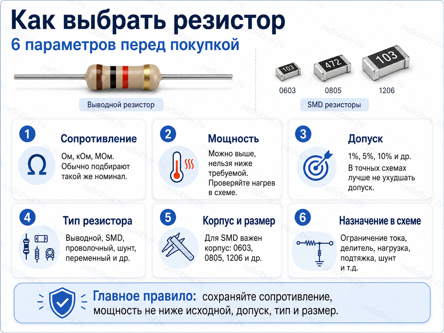 Как выбрать резистор: сопротивление, мощность, допуск, тип, корпус и назначение в схеме